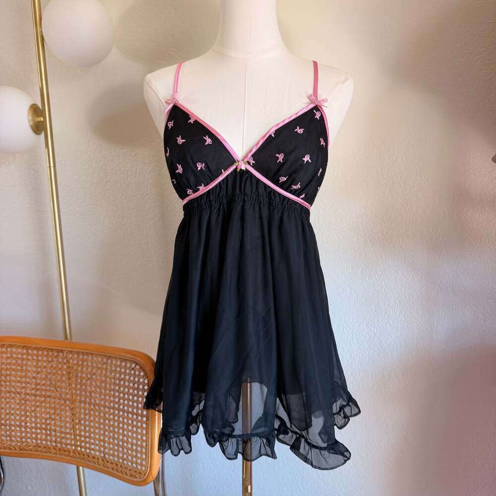Vintage Betsey Johnson Intimates Black Mesh Babydoll Nightgown with Pink Embroid